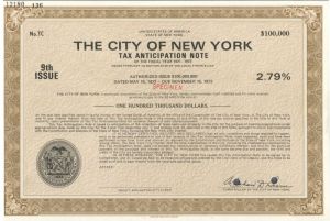 City of New York - $100,000 Specimen Tax Anticipation Note