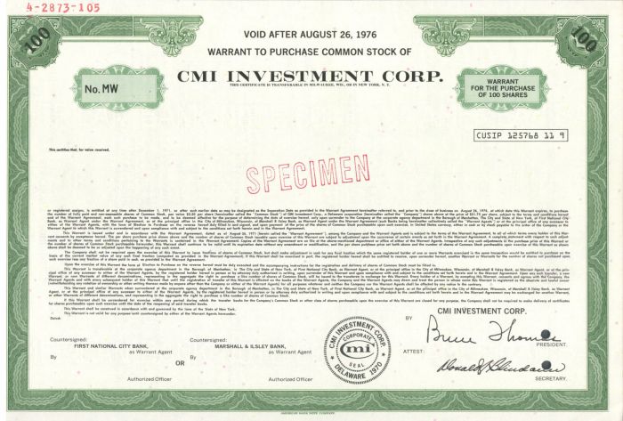 CMI Investment Corp. - Specimen Stock Certificate