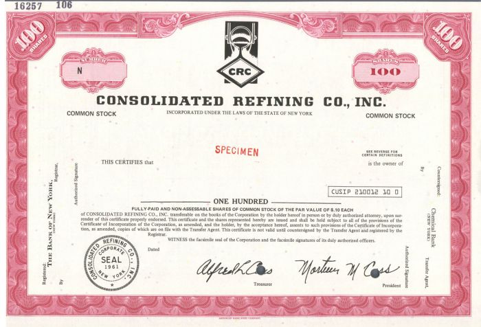 Consolidated Refining Co., Inc. - Specimen Stock Certificate