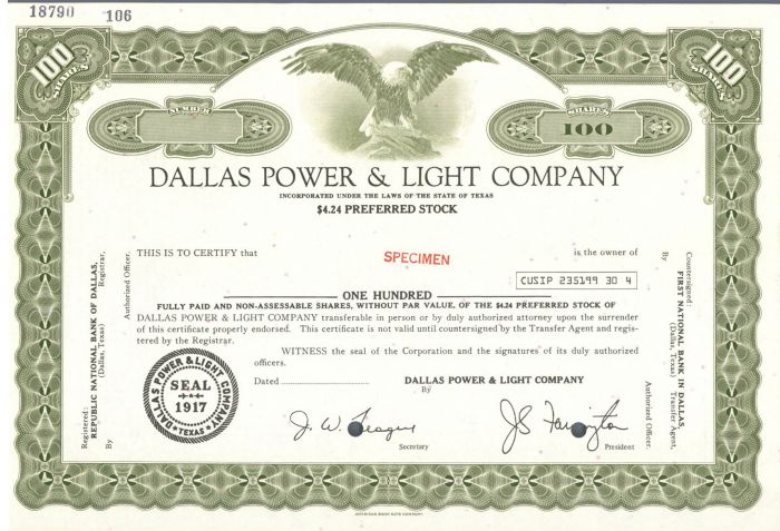 Dallas Power and Light Co. - Specimen Stock Certificate