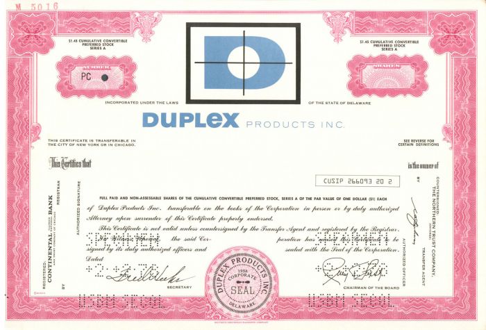 Duplex Products Inc. - Specimen Stock Certificate