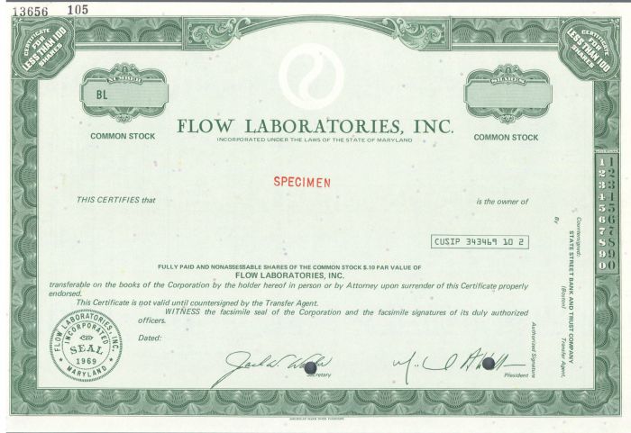 Flow Laboratories, Inc. - Specimen Stock Certificate