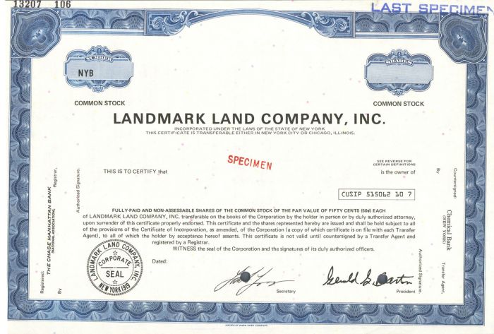 Landmark Land Co., Inc. - Specimen Stock Certificate