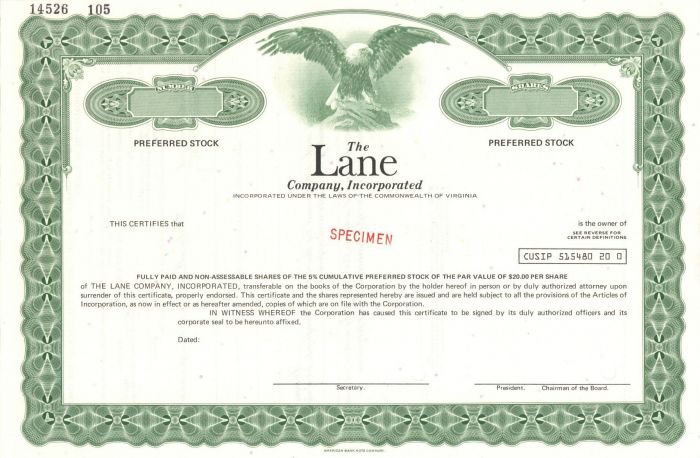 Lane Co., Incorporated - Specimen Stock Certificate