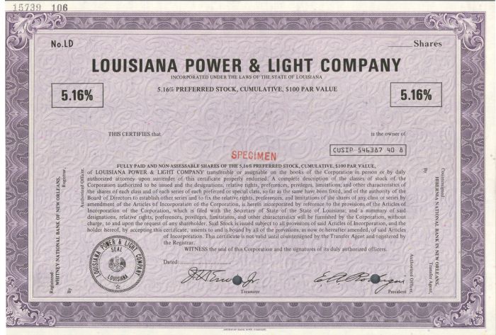 Louisiana Power and Light Co. - Specimen Stock Certificate