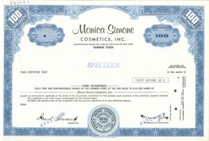 Monica Simone Cosmetics, Inc. - Specimen Stock Certificate