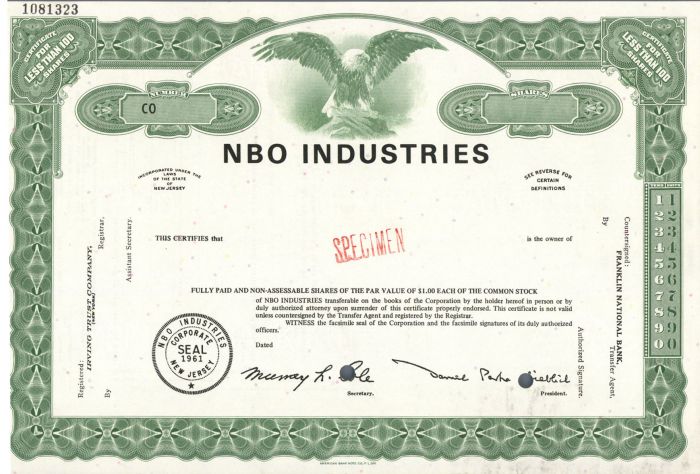 NBO Industries - Specimen Stock Certificate