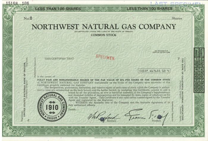 Northwest Natural Gas Co. - Specimen Stock Certificate