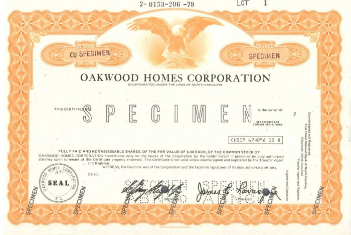 Oakwood Homes Corporation - Specimen Stock Certificate