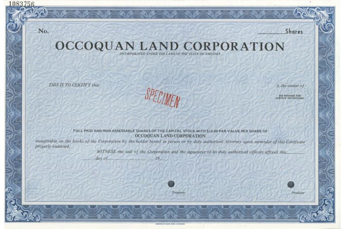 Occoquan Land Corporation - Specimen Stock Certificate
