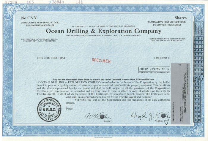 Ocean Drilling and Exploration Co. - Specimen Stock Certificate