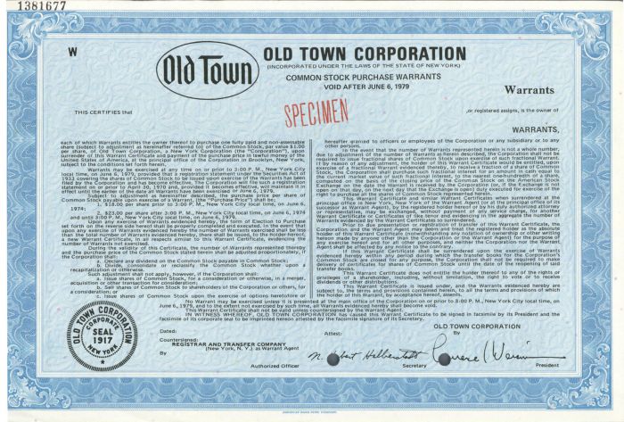 Old Town Corporation - Specimen Stock Certificate