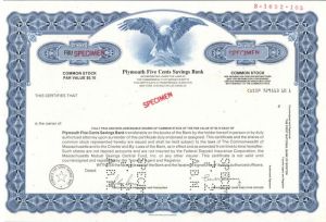 Plymouth Five Cents Savings Bank - Specimen Stock Certificate
