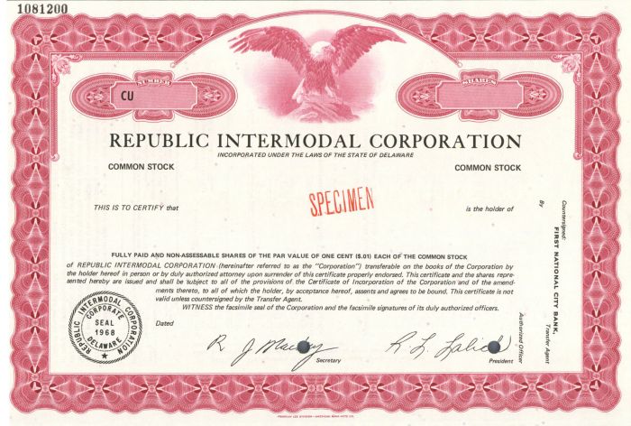 Republic Intermodal Corporation - Specimen Stock Certificate