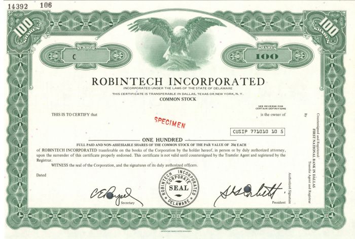 Robintech Incorporated - Specimen Stock Certificate