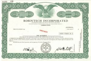 Robintech Incorporated - Specimen Stock Certificate