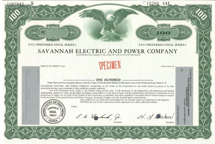 Savannah Electric and Power Co. - Utility Specimen Stock Certificate