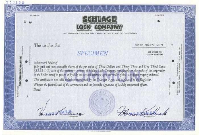 Schlage Lock Co. - Specimen Stock Certificate