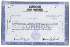 Schlage Lock Co. - Specimen Stock Certificate