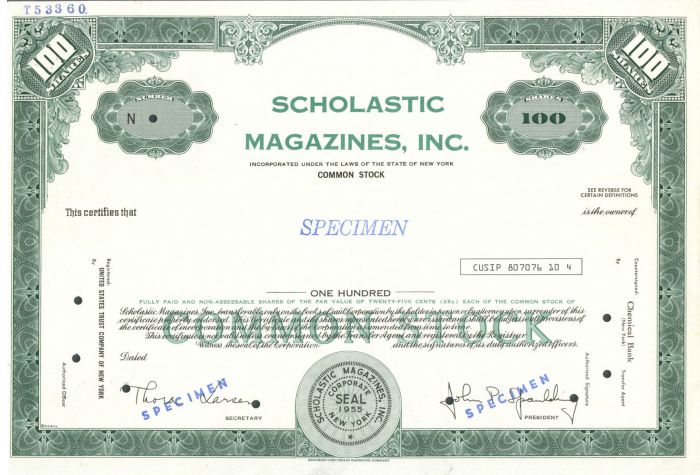 Scholastic Magazines, Inc. - Specimen Stock Certificate