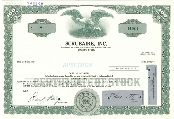 Scrubaire, Inc. - Specimen Stock Certificate