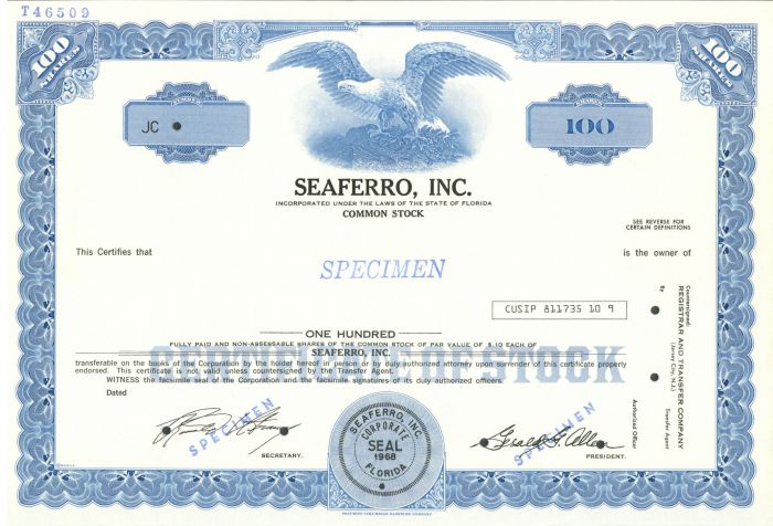 Seaferro, Inc. - Specimen Stock Certificate