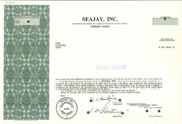 Seajay, Inc. - Specimen Stock Certificate