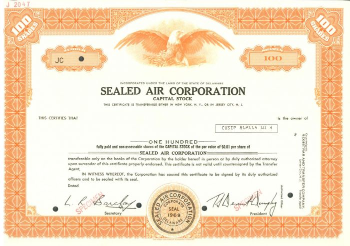 Sealed Air Corporation - Specimen Stock Certificate
