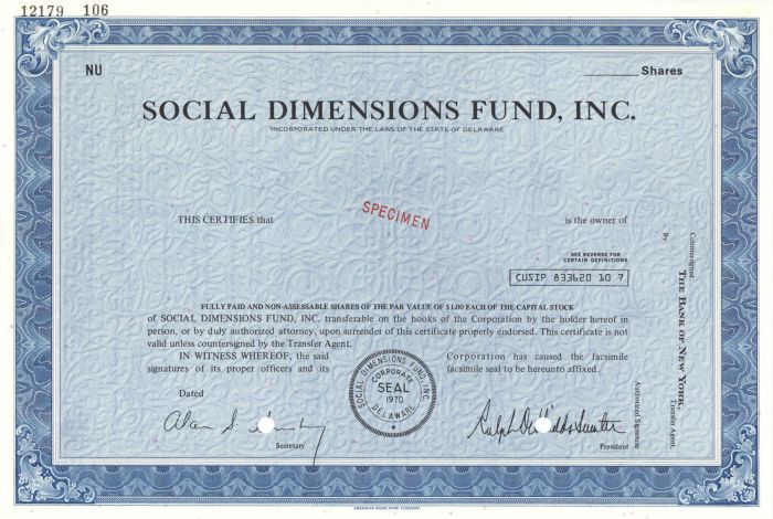 Social Dimensions Fund, Inc. - Specimen Stock Certificate