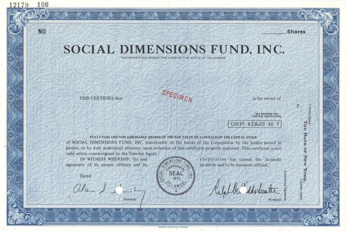 Social Dimensions Fund, Inc. - circa 1970's Specimen Stock Certificate - Involving Zimbabwe