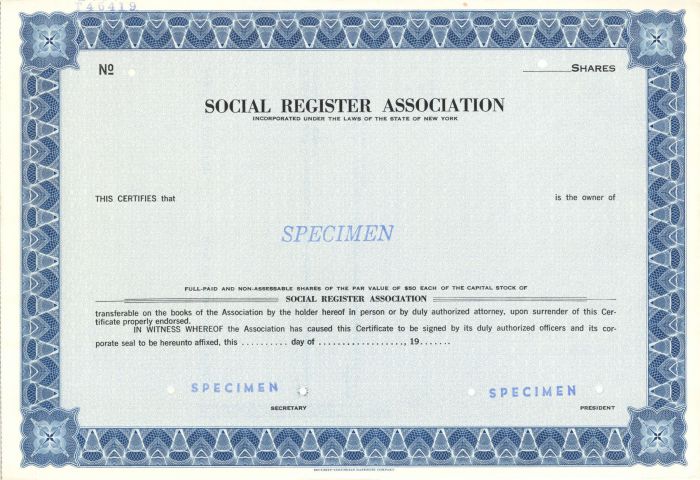 Social Register Association - Specimen Stock Certificate