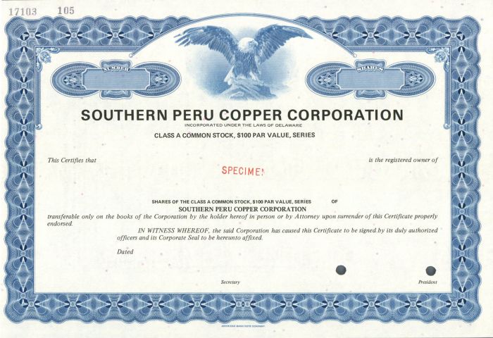 Southern Peru Copper Corporation - Specimen Stock Certificate