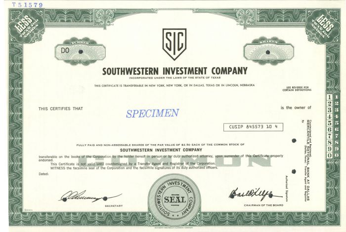 Southwestern Investment Co. - Specimen Stock Certificate