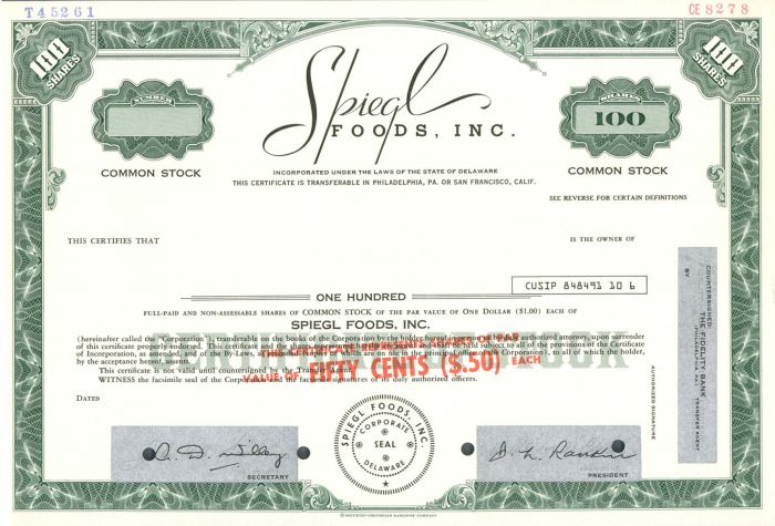 Spiegl Foods, Inc. - Specimen Stock Certificate