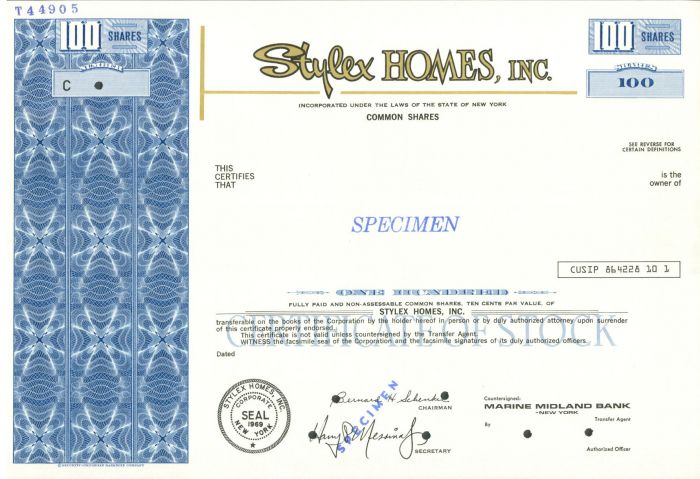 Stylex Homes, Inc. - Specimen Stock Certificate