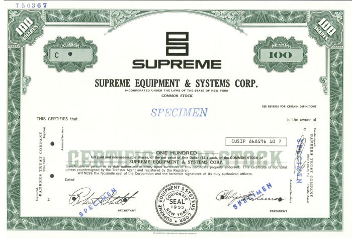 Supreme Equipment and Systems Corp. - Specimen Stock Certificate