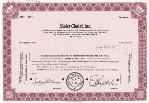 Swiss Chalet, Inc. - Specimen Stock Certificate