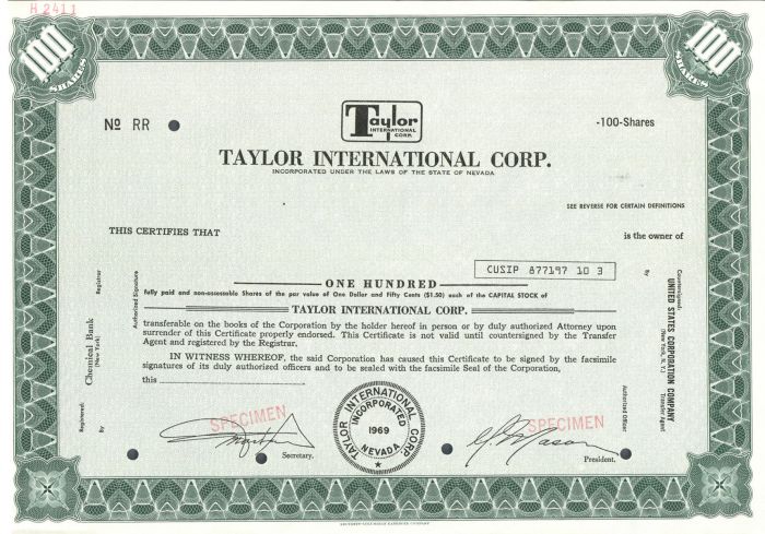 Taylor International Corp. - Specimen Stock Certificate