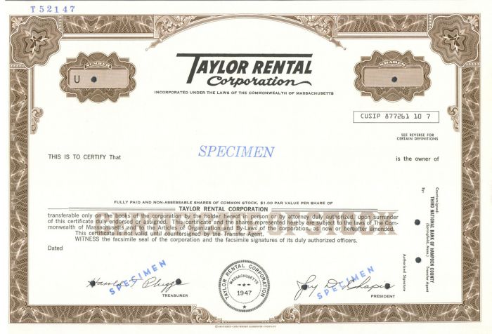 Taylor Rental Corporation - Specimen Stock Certificate
