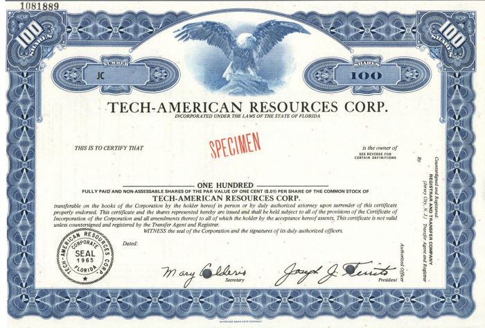Tech-American Resources Corp. - Specimen Stock Certificate