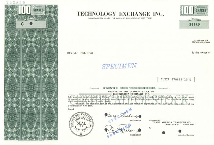 Technology Exchange Inc. - Specimen Stock Certificate