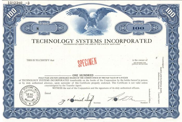 Technology Systems Incorporated - Specimen Stock Certificate
