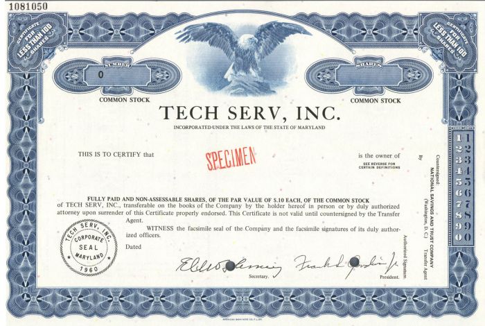 Tech Serv, Inc. - Specimen Stock Certificate