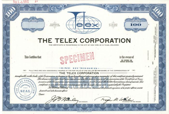 Telex Corporation - Specimen Stock Certificate