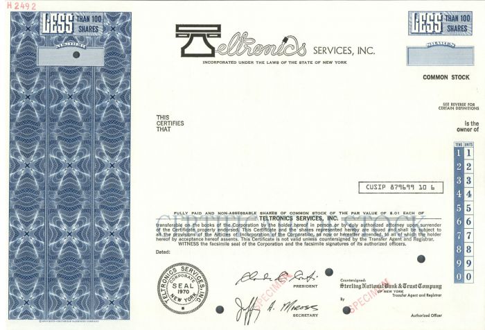 Teltronics Services, Inc. - Specimen Stock Certificate