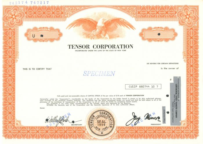 Tensor Corporation - Specimen Stock Certificate
