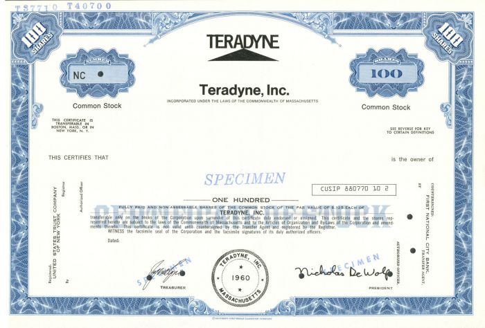 Teradyne, Inc. - Specimen Stock Certificate