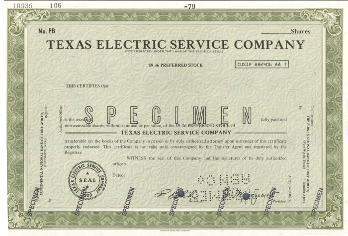 Texas Electric Service Co. - Specimen Stock Certificate