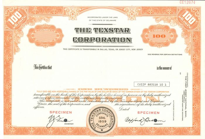 Texstar Corporation - Specimen Stock Certificate