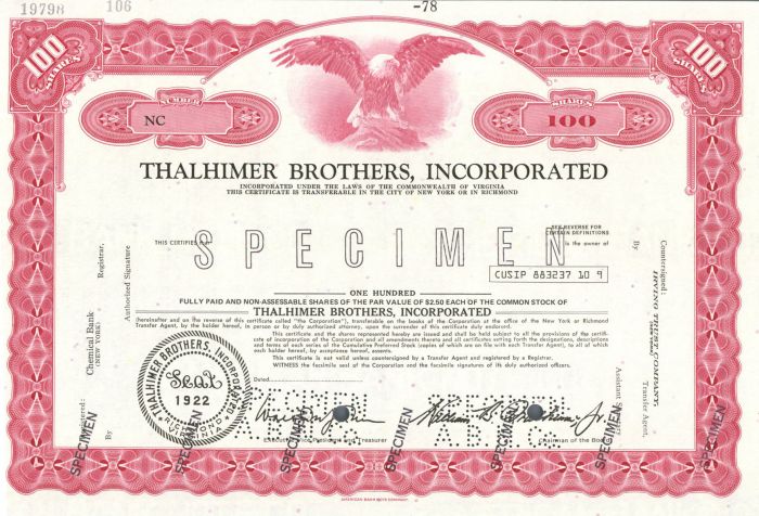 Thalhimer Brothers, Incorporated - Specimen Stock Certificate
